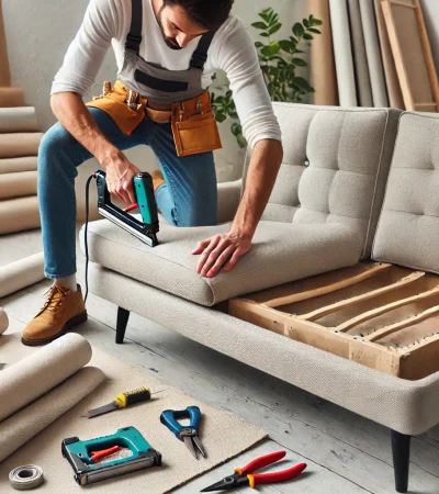 DALL·E 2024-09-15 11.23.39 - An image showing a professional repairing a sofa. The person is using tools like a staple gun and fabric scissors to fix the upholstery. The sofa is m
